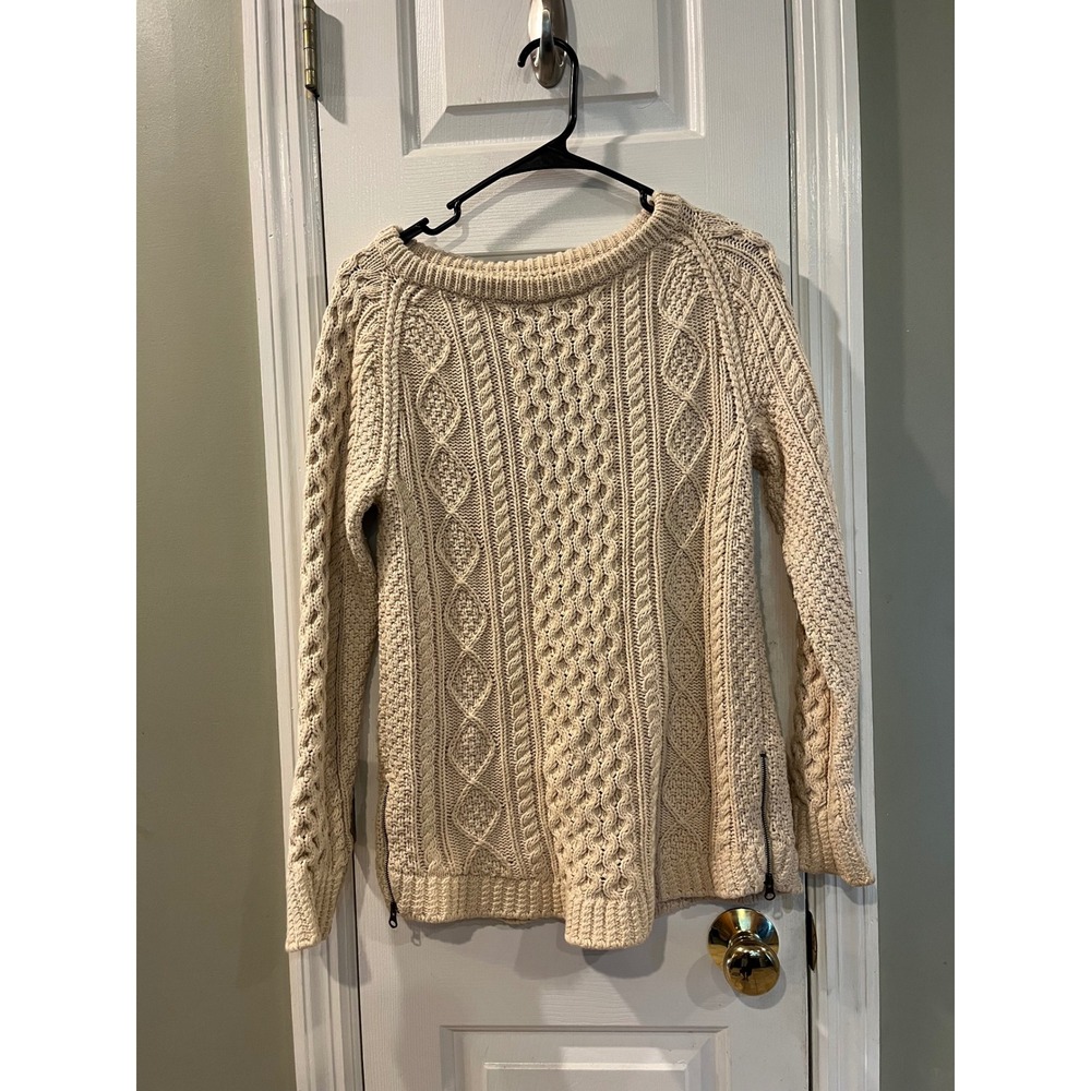 LL Bean Signature Womens Cable Knit Sweater Cream Beige Side Zip Cotton (read)